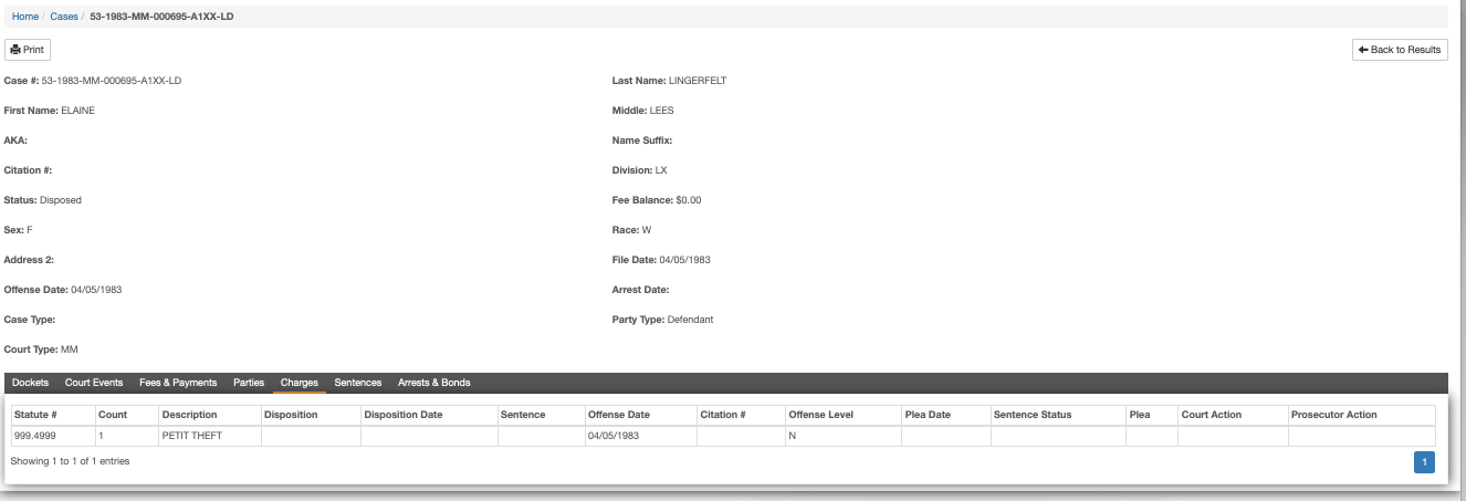 Polk County court screenshot, 1983 petit theft case