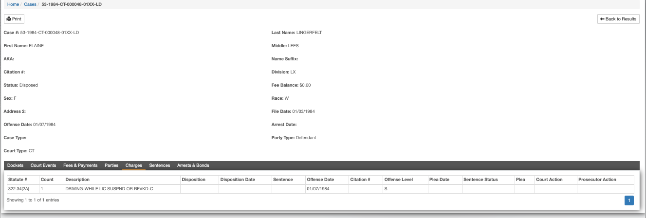 Polk County court screenshot, 1984 driving while license suspended or revoked case